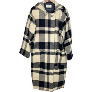LL Bean Vintage Long Plaid Wool Blanket Coat Black and Cream Hooded